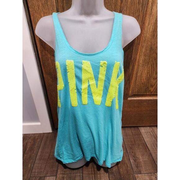 Victoria Secret pink racerback tank top with sequin logo  Sz Med Teal Neon Green - Picture 1 of 6